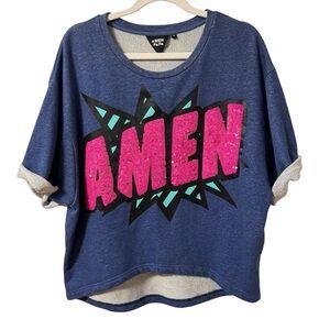 Amen Papa 90s Style Oversized Short Sleeve Sweatshirt Tee Womens Medium Blue